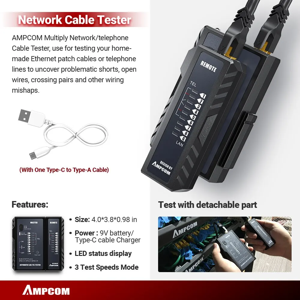 AMPCOM Kit de crimpadora RJ45 con pelacables y comprobador de red - imagen 3
