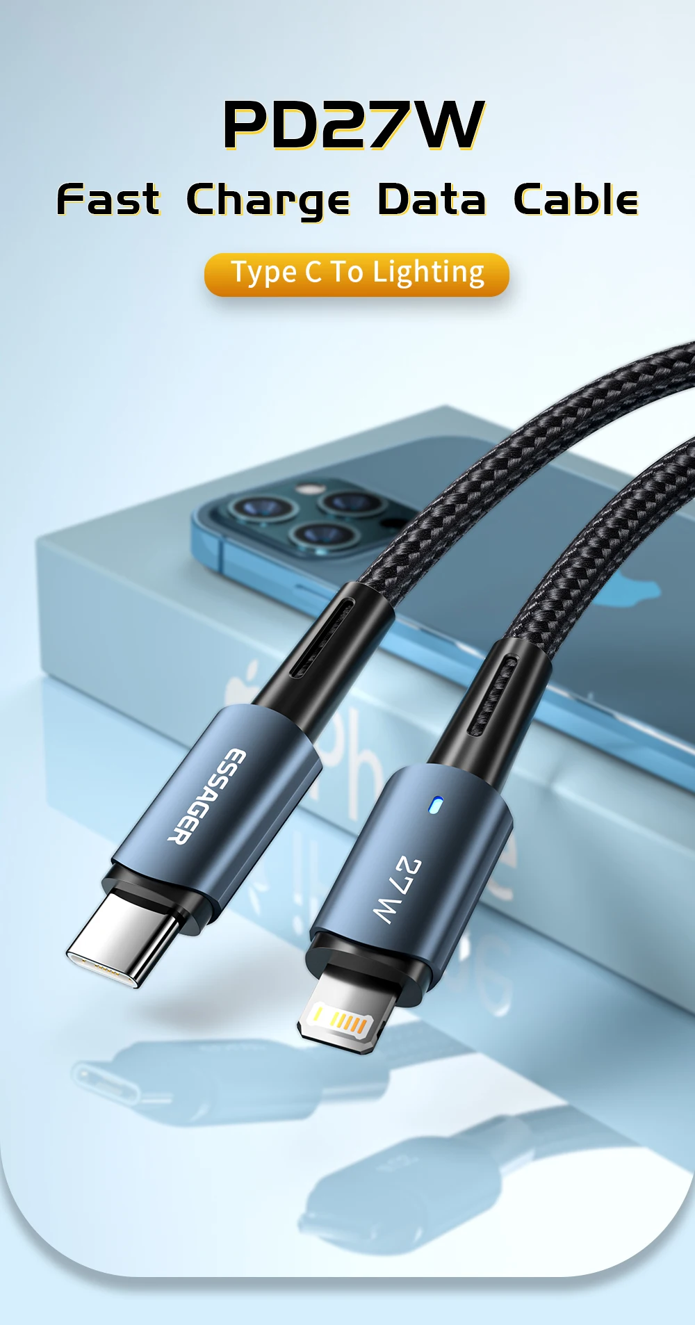 Cable Essager USB-C a Lightning visto de frente con conectores chapados en oro