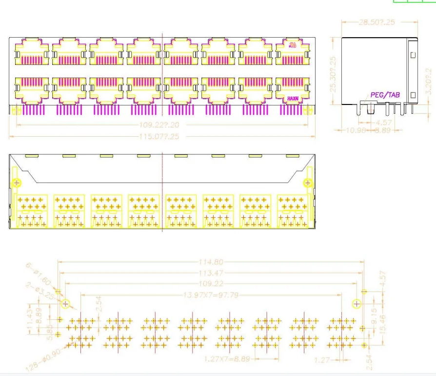 Conector modular RJ45 de 16 puertos para PCB