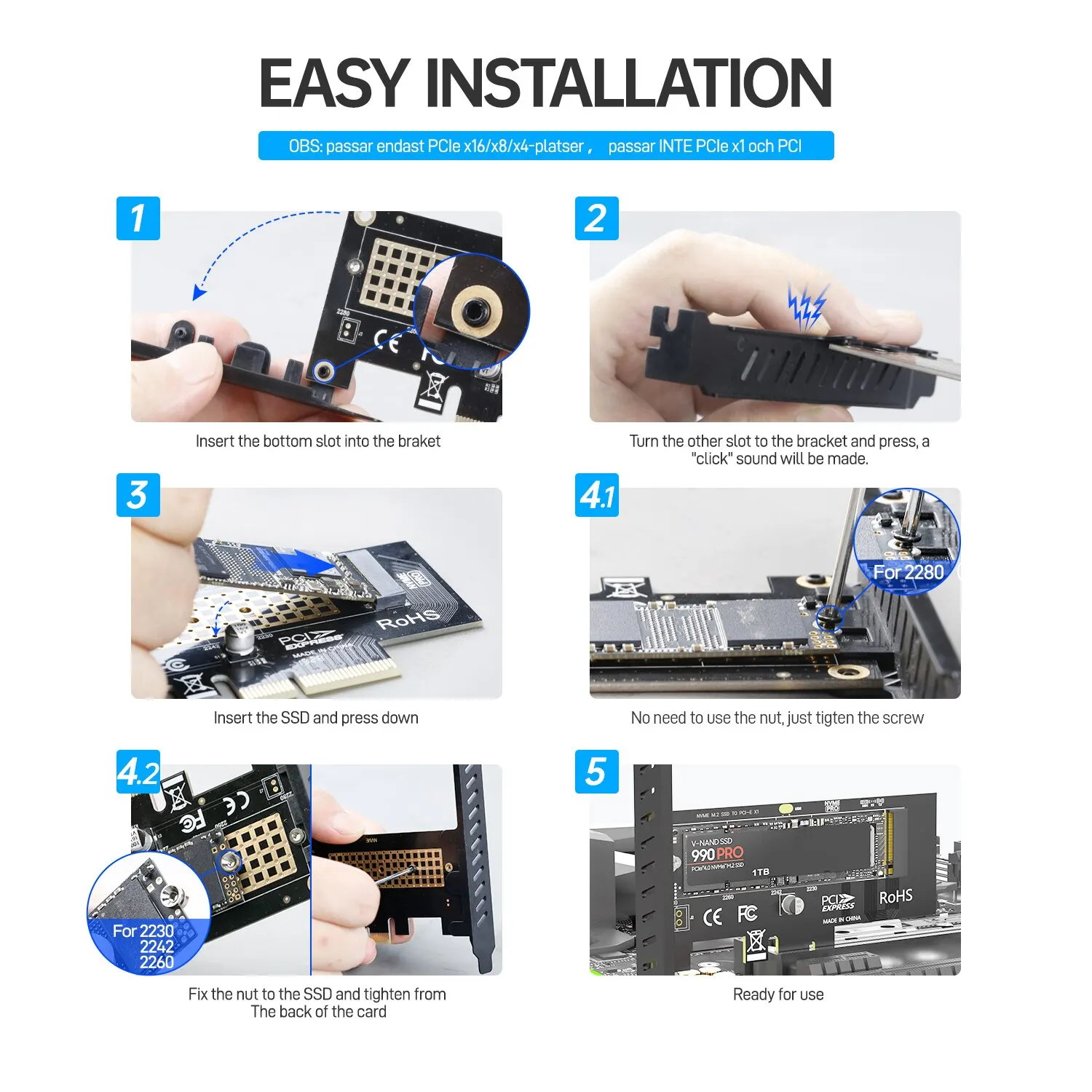 JEYI Adaptador M.2 NVMe SSD PCIe X1 Gen4 16Gbps 2280 para PC - imagen 2