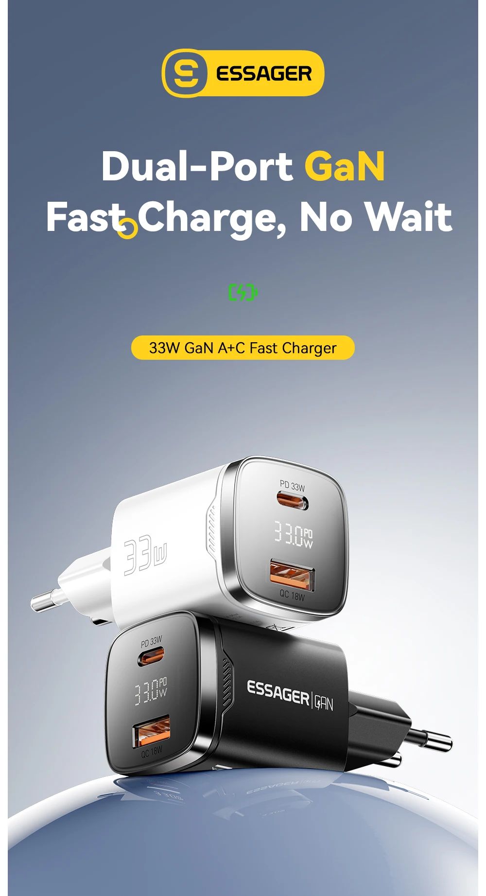 Cargador ESSAGER USB Tipo C GaN de 33 W con pantalla digital