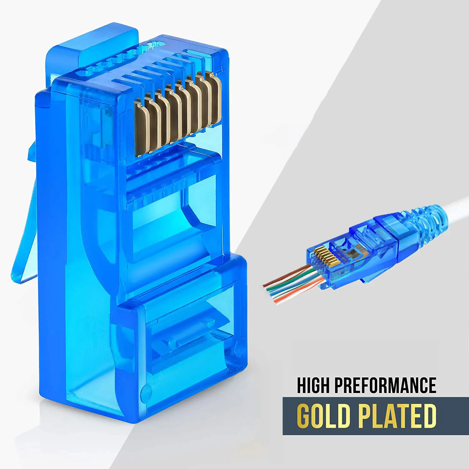 Conector RJ45 ZoeRax transparente mostrando el paso de los hilos