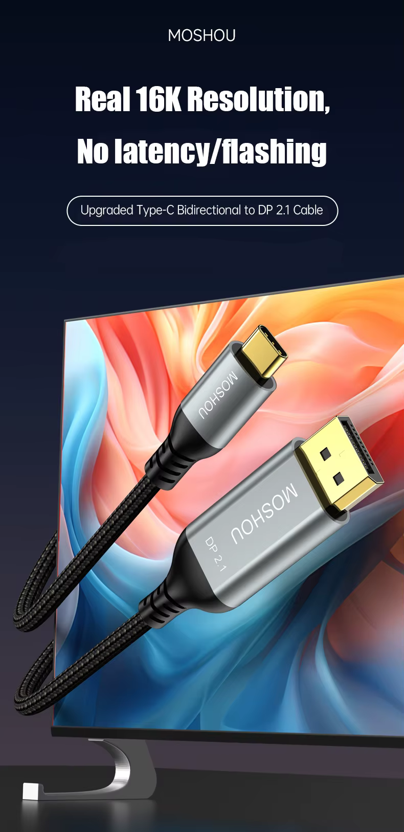 Cable USB C a DisplayPort 2,1 en uso con monitor 8K