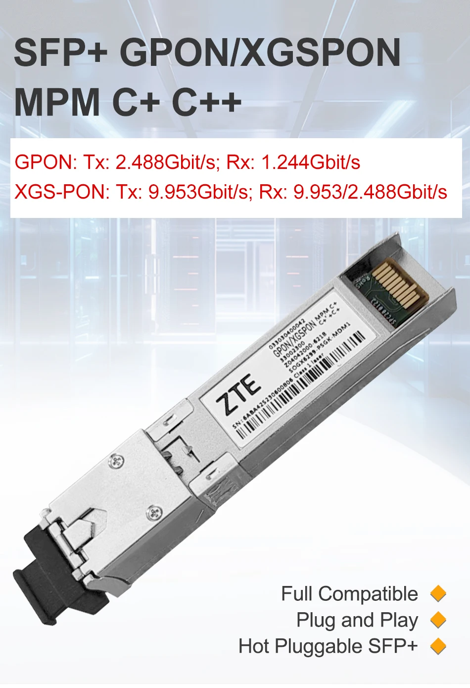 Módulo transceptor óptico GPON/XGSPON vistas frontal y lateral