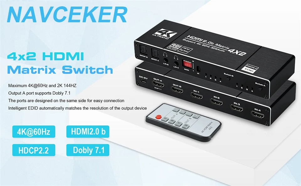 Switcher de matriz HDMI 4x2 con control remoto