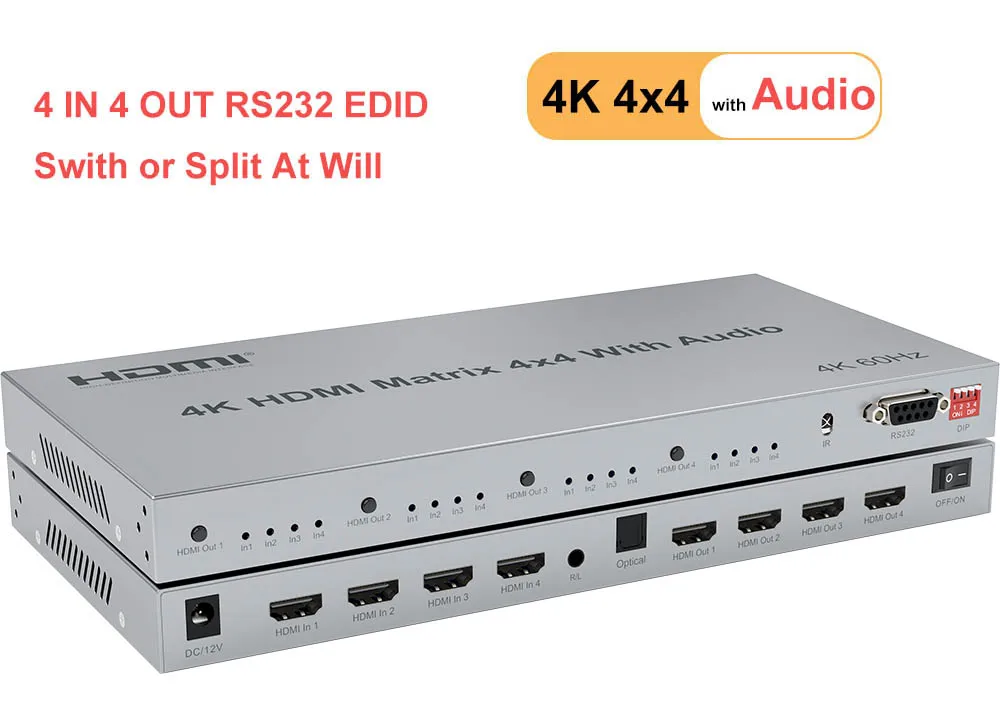 Vista frontal del switcher HDMI 4x4 con puertos de conexión