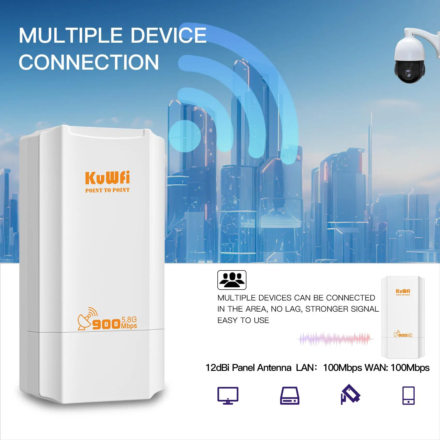 Unidad KuWFi instalada en poste exterior con antena orientada
