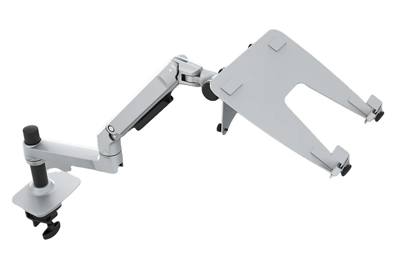 Vista frontal del soporte V62CT mostrando monitor y portátil