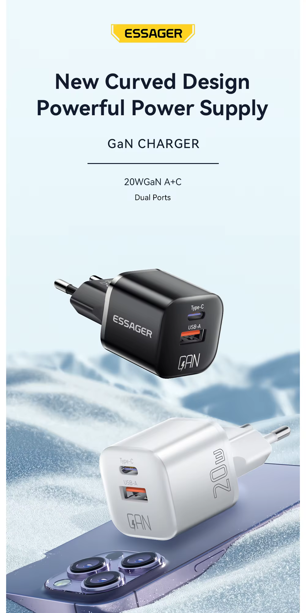 Vista frontal del cargador Essager 20W GaN