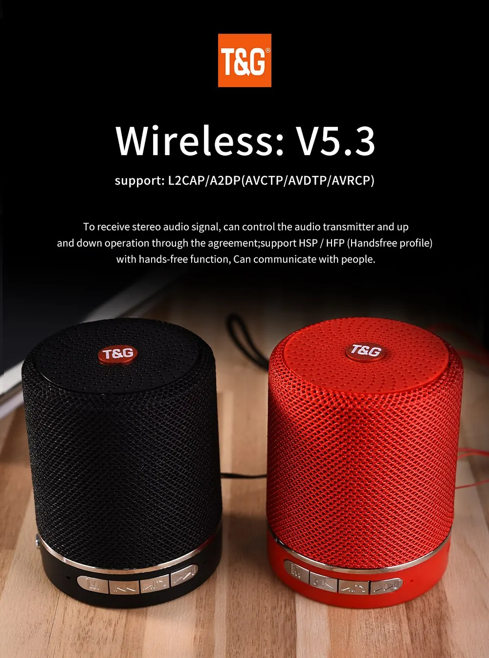Altavoz portátil T&G con controles y rejilla frontal