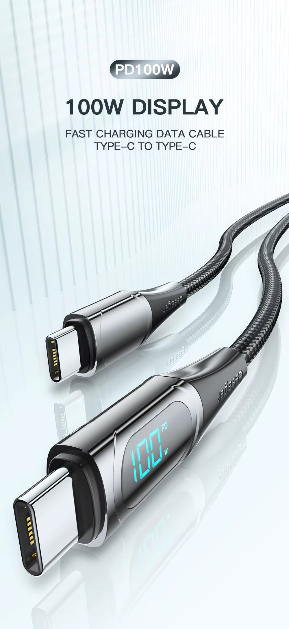 Cable USB‑C Essager con pantalla LED mostrando voltios y amperios