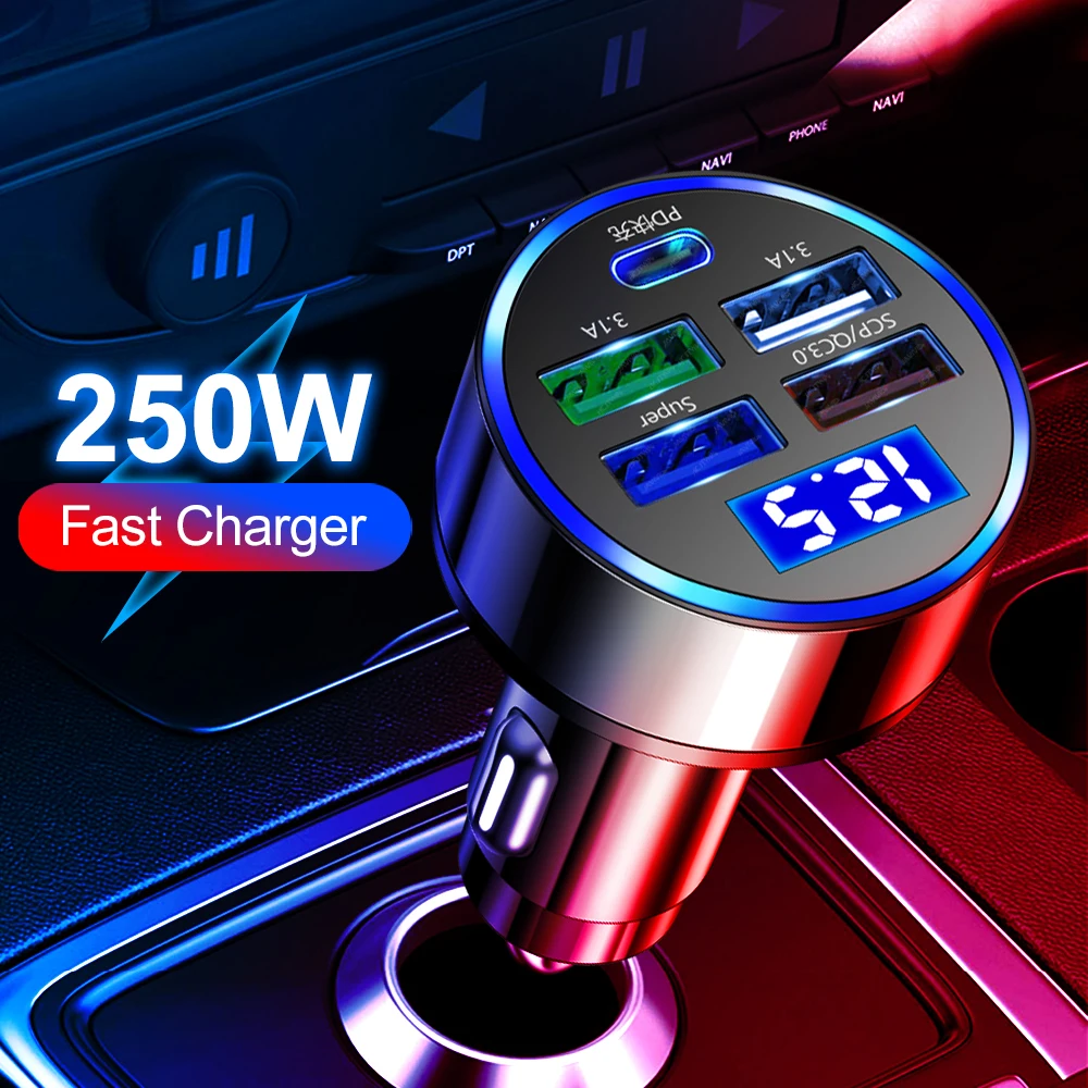 Cargador de Coche 5 puertos USB-C PD QC3.0 iPhone Samsung Huawei Xiaomi