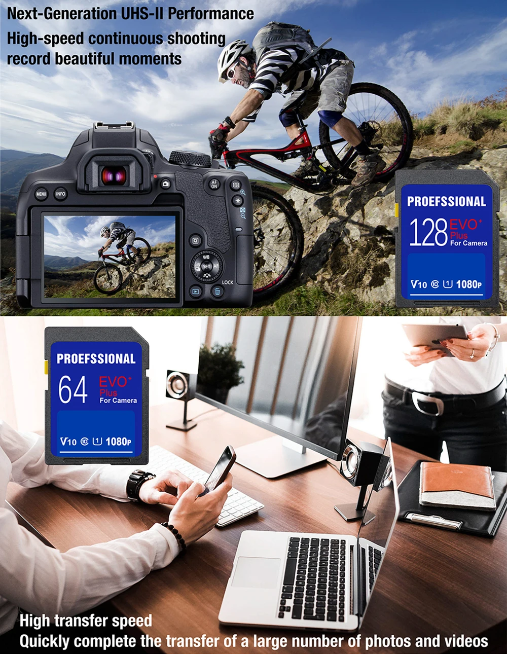 Tarjeta Evo Pro Plus mostrando su capacidad y etiquetas de velocidad