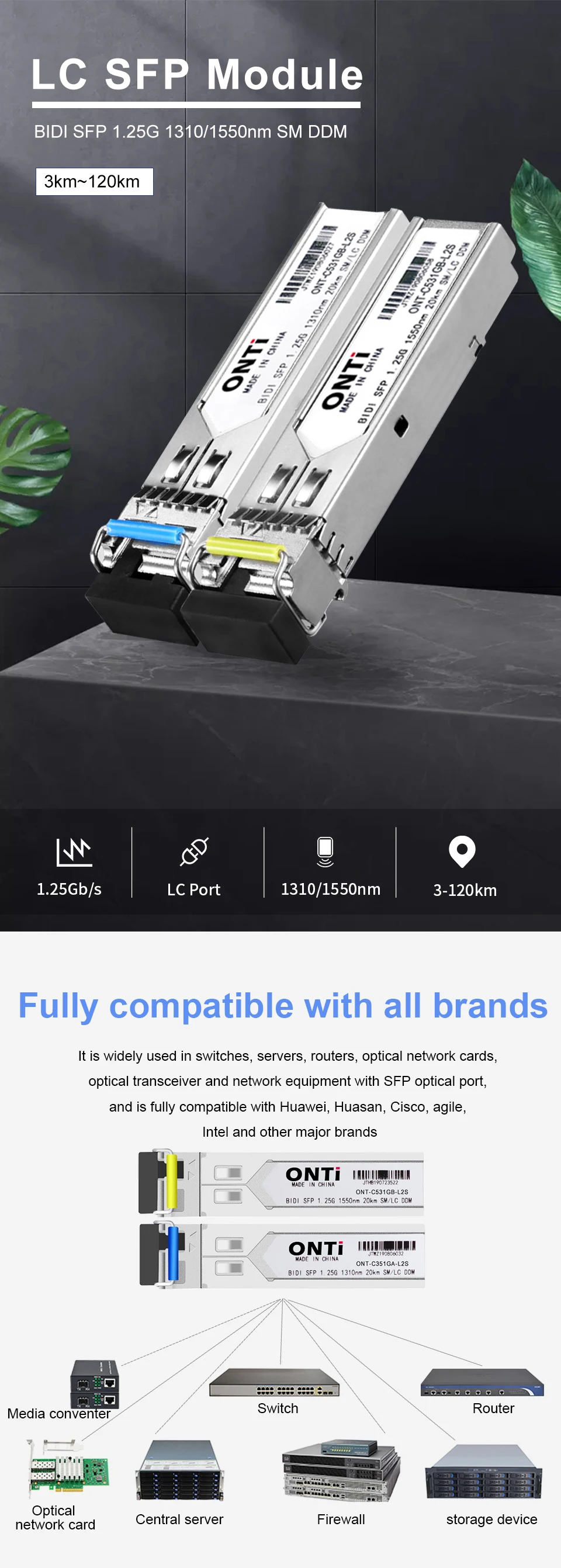 Vista frontal del transceptor ONTi SFP