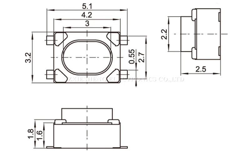 Microinterruptor táctil SMT G75 de 4 pines vista frontal