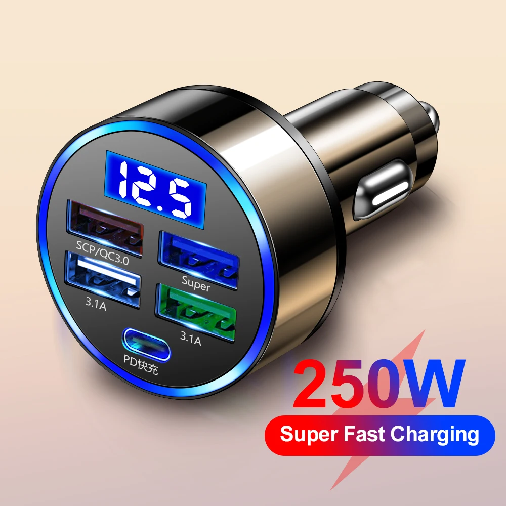 Cargador de coche LED 5 puertos vista frontal