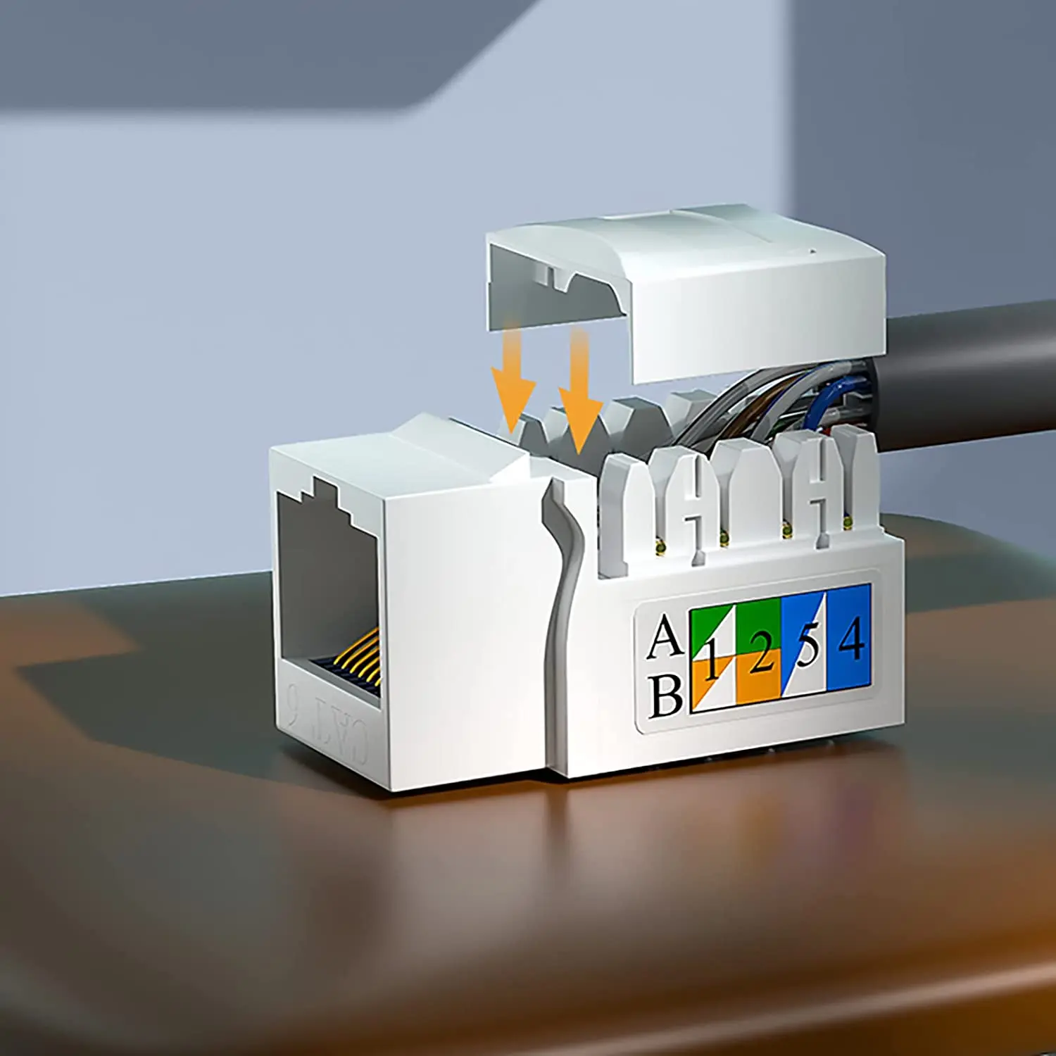 Keystone Jack RJ45 ZoeRax vista frontal con contactos dorados