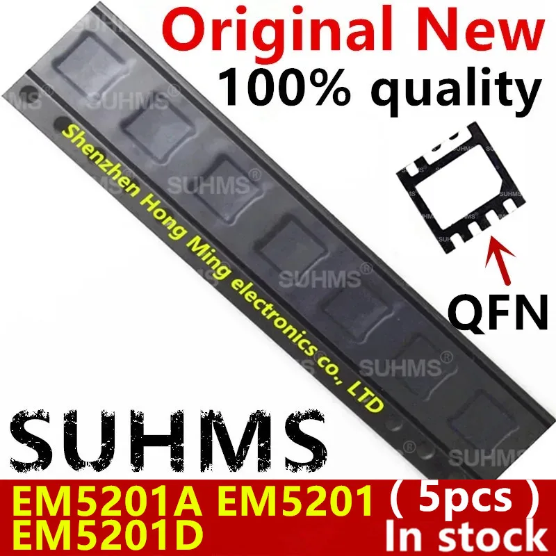 Vista superior del chipset EM5201 en paquete QFN-8