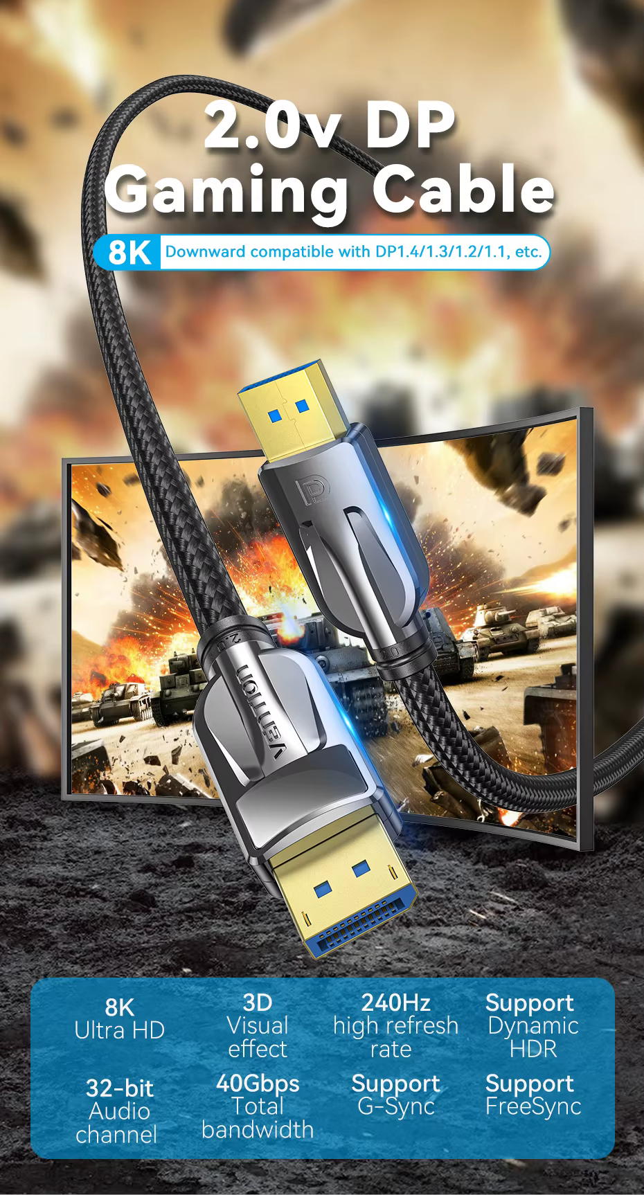 Cable DisplayPort 8K gamer