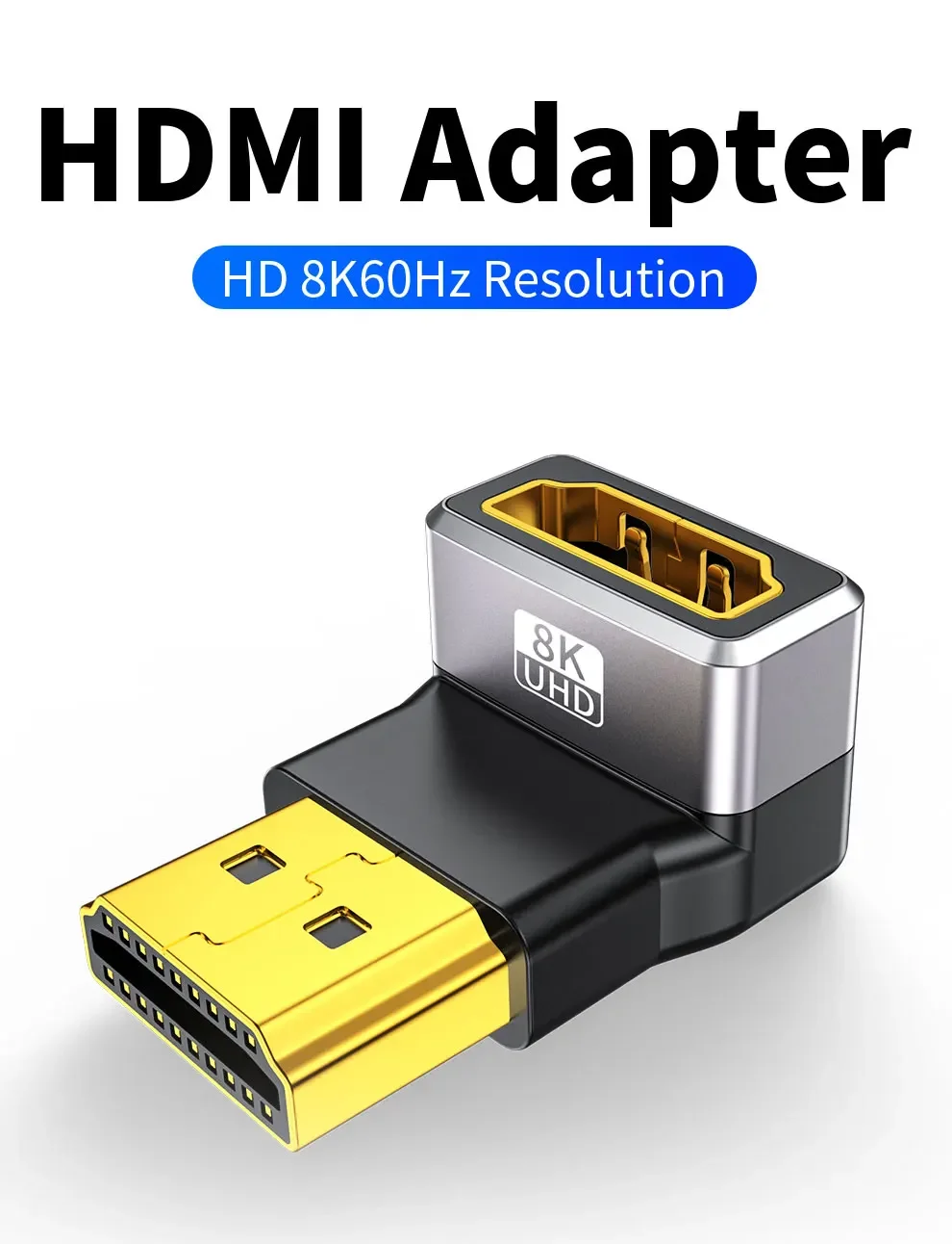 Adaptador HDMI 8K con diseño acodado para conectar dispositivos audiovisuales