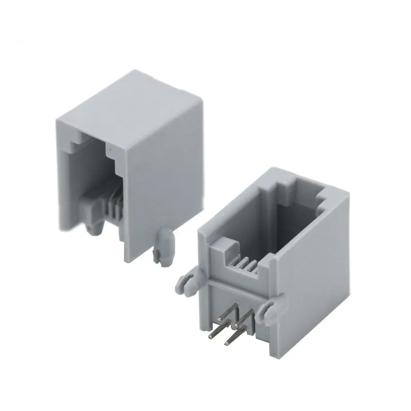 Vista frontal del conector RJ11 4P4C hembra en tono gris sobre placa PCB