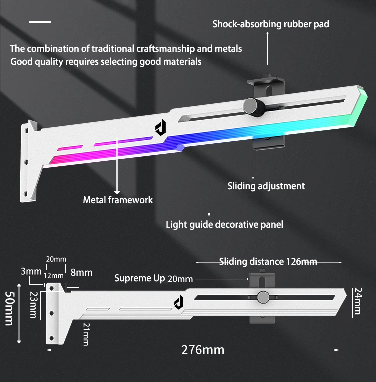 Soporte para tarjeta gráfica con estructura metálica y tira RGB visible