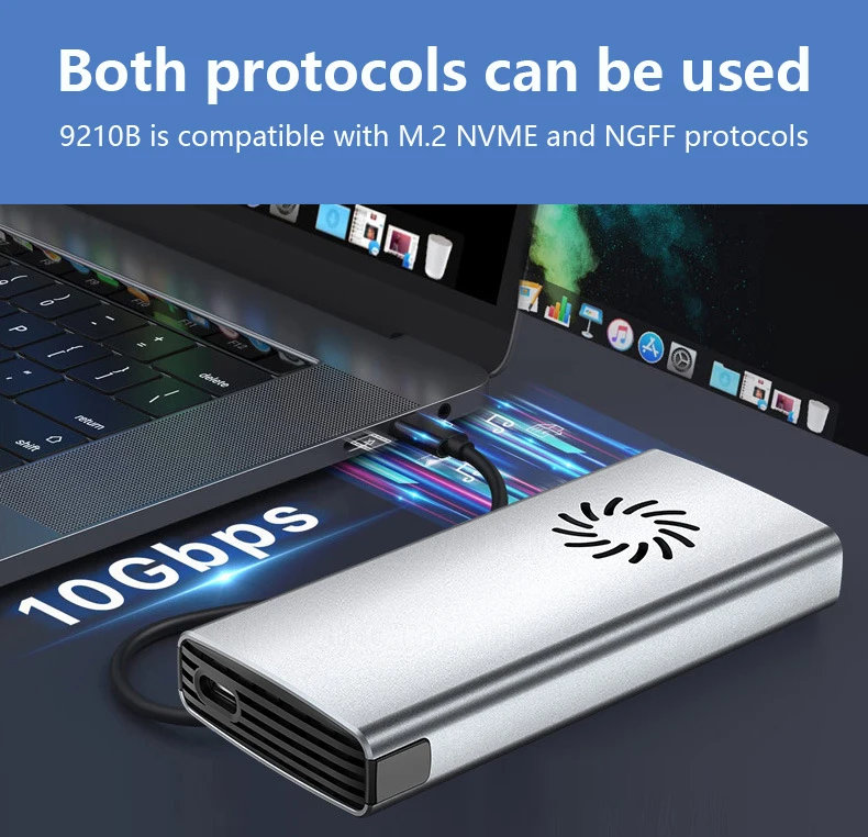 Caja conectada a un laptop mediante cable USB‑C