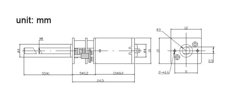 Micro motor GA12-N20 vista lateral con eje roscado