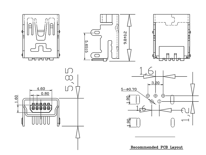 Detalle del conector USB tipo B