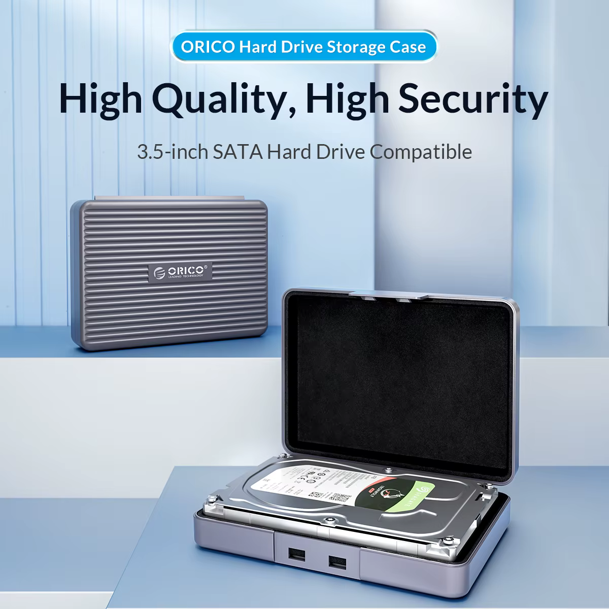 Caja de protección ORICO vista frontal con diseño rayado