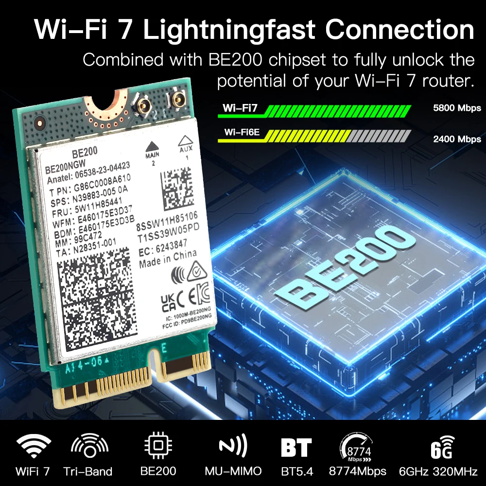 Tarjeta de red WiFi 7 Intel BE200 vista frontal