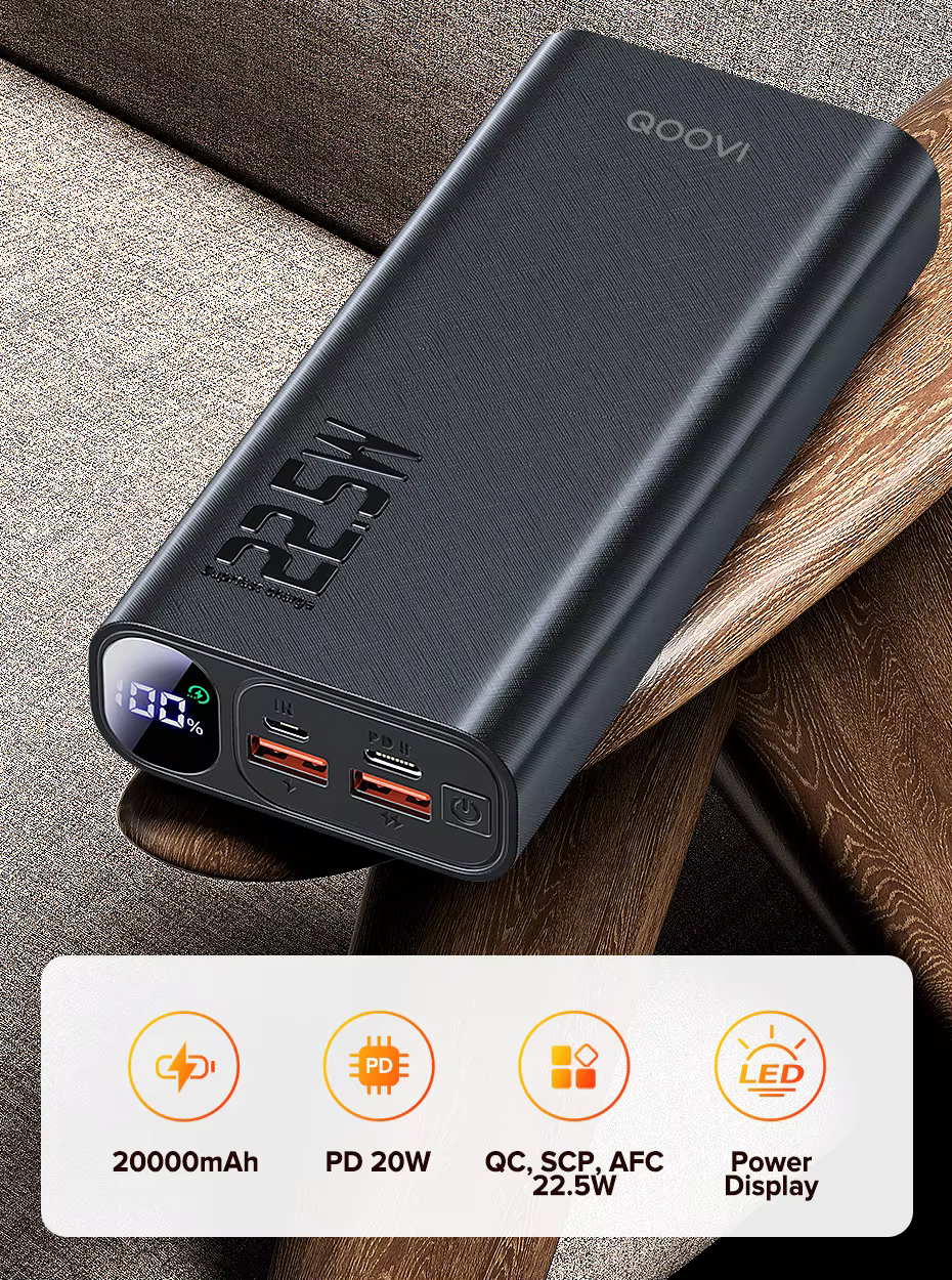 Power Bank QOOVI 20000mAh visto desde arriba con especificaciones