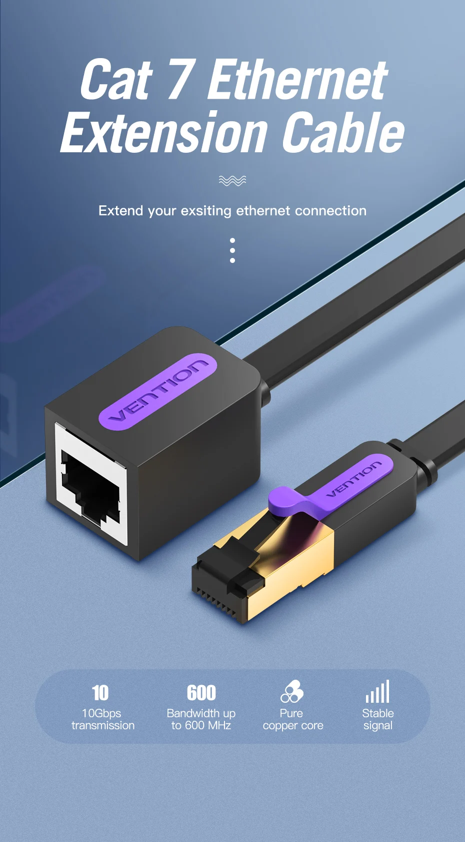 Cable plano Vention Cat 7 extendiendo conexión