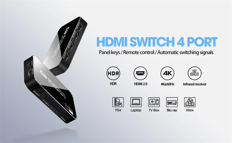 Conmutador HDMI 4K frontal con control remoto