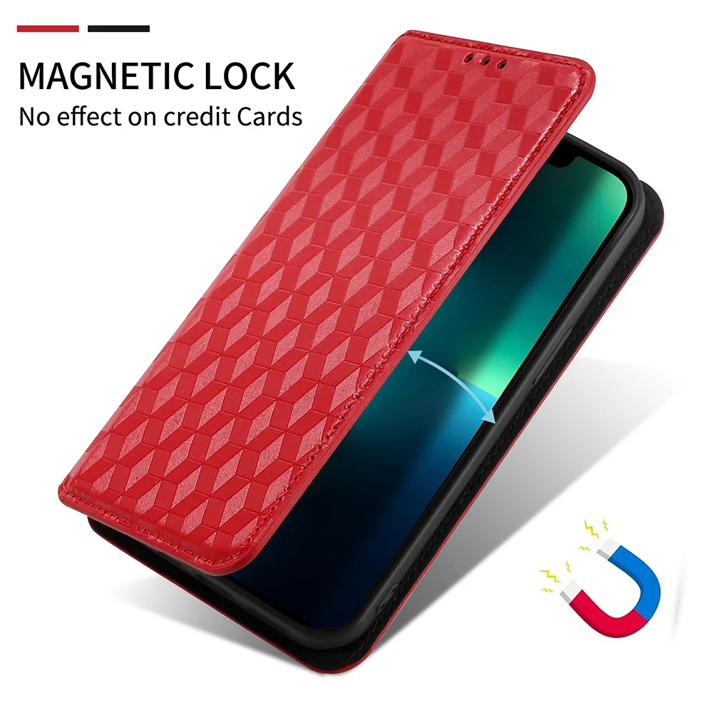 Vista frontal de la funda mostrando el cierre magnético y las ranuras para tarjetas