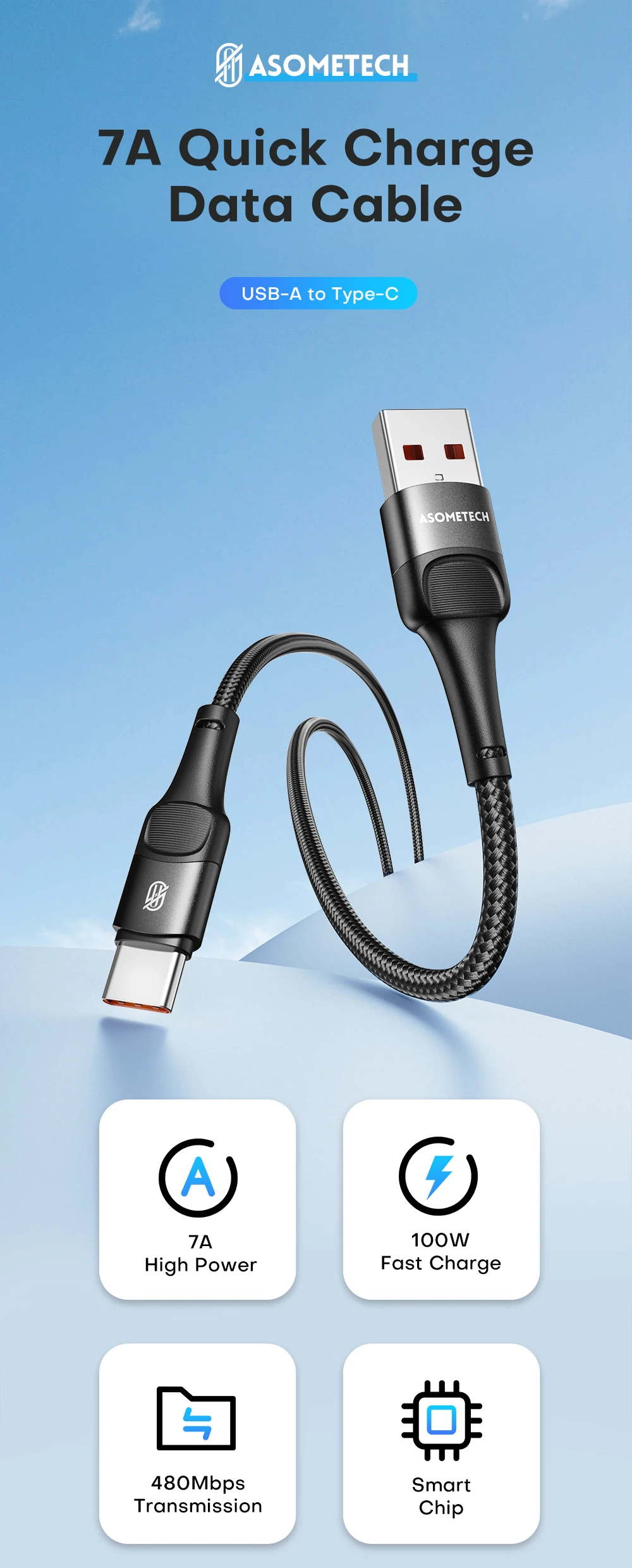Cable USB tipo C ASOMETECH conectado a un móvil Huawei P40