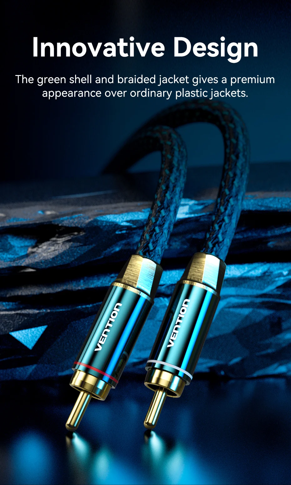 Detalle de los conectores RCA chapados en oro del cable Vention