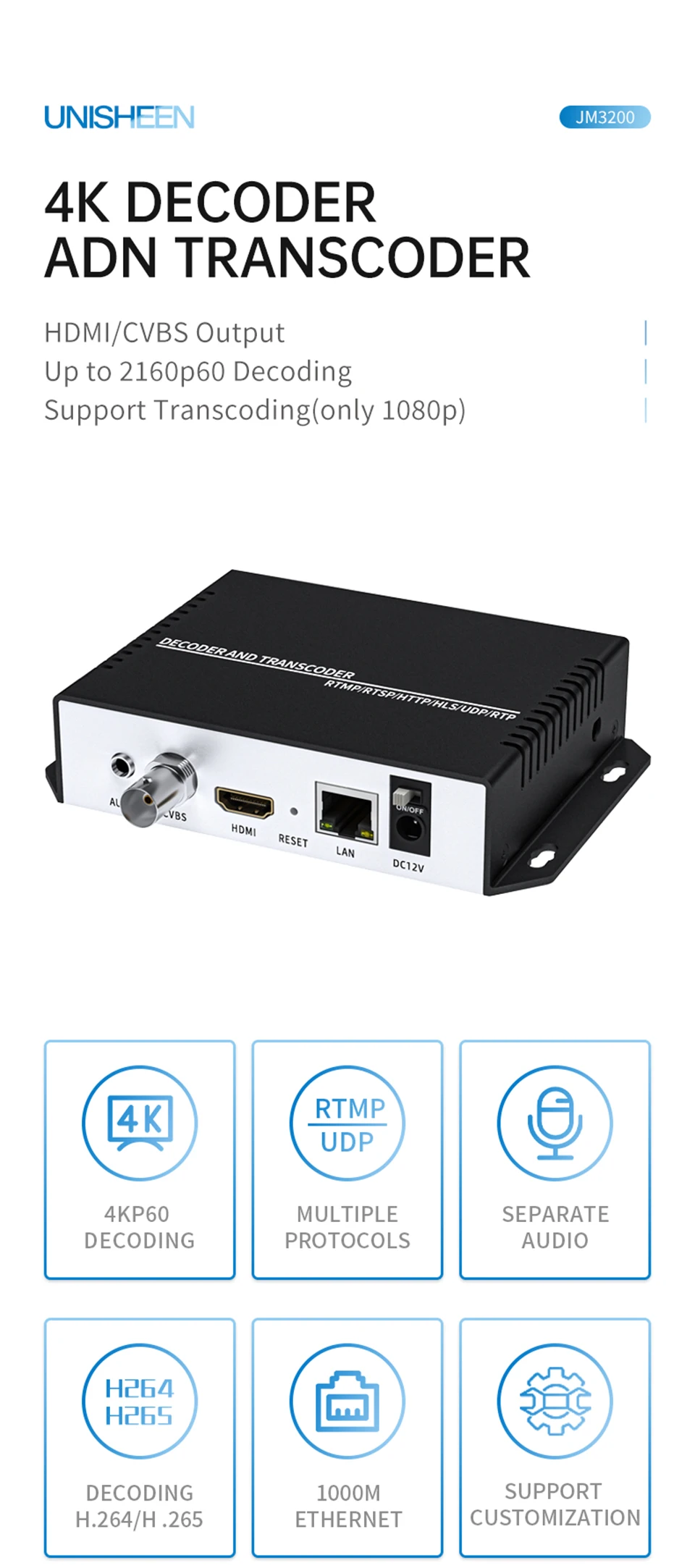 Vista frontal del UNISHEEN Topbox 4K60 mostrando puertos HDMI y CVBS