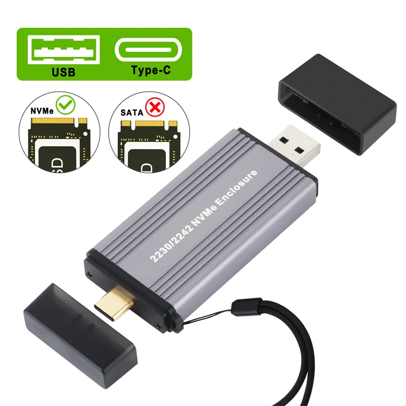 Caja NVME SSD M.2 en color plata con acabados metálicos