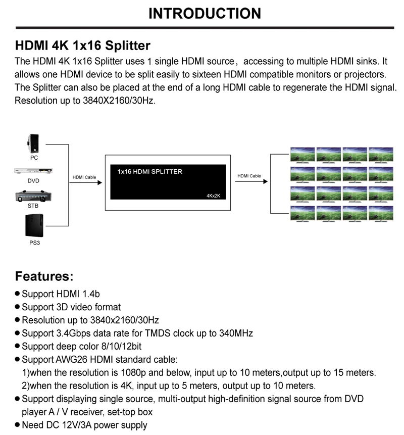 Vista frontal del divisor HDMI 1x16