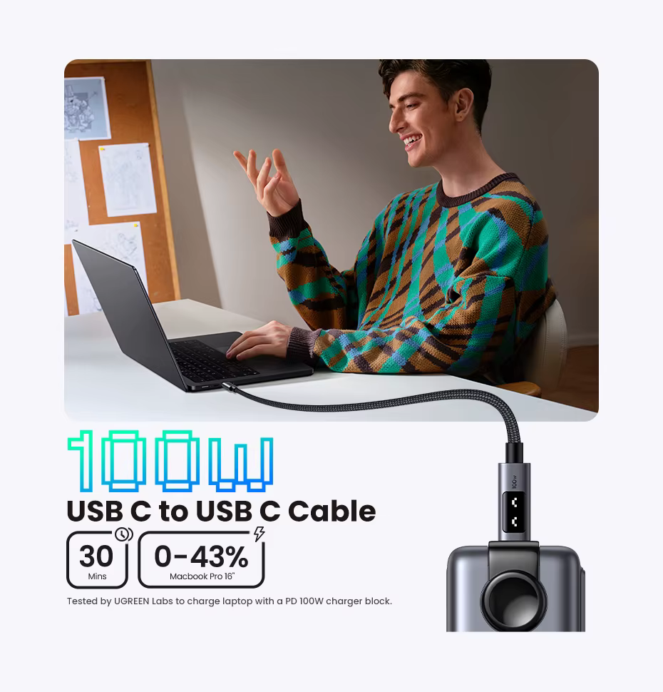 Cable UGREEN UNO PD100W conectado a un dispositivo USB-C