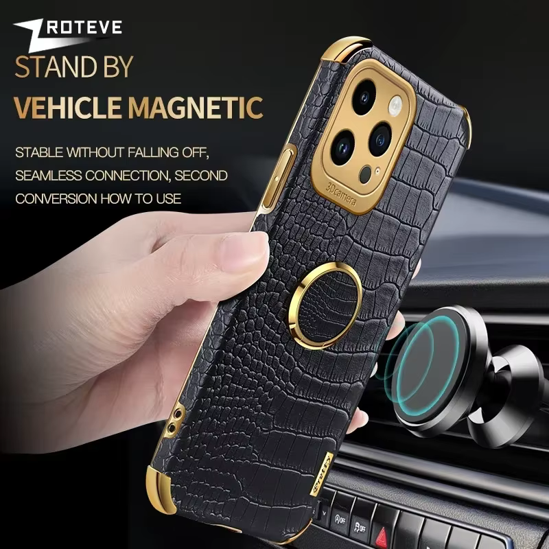 Funda Soporte Anillo Cuero Cocodrilo para iPhone 16 Pro Max y Más