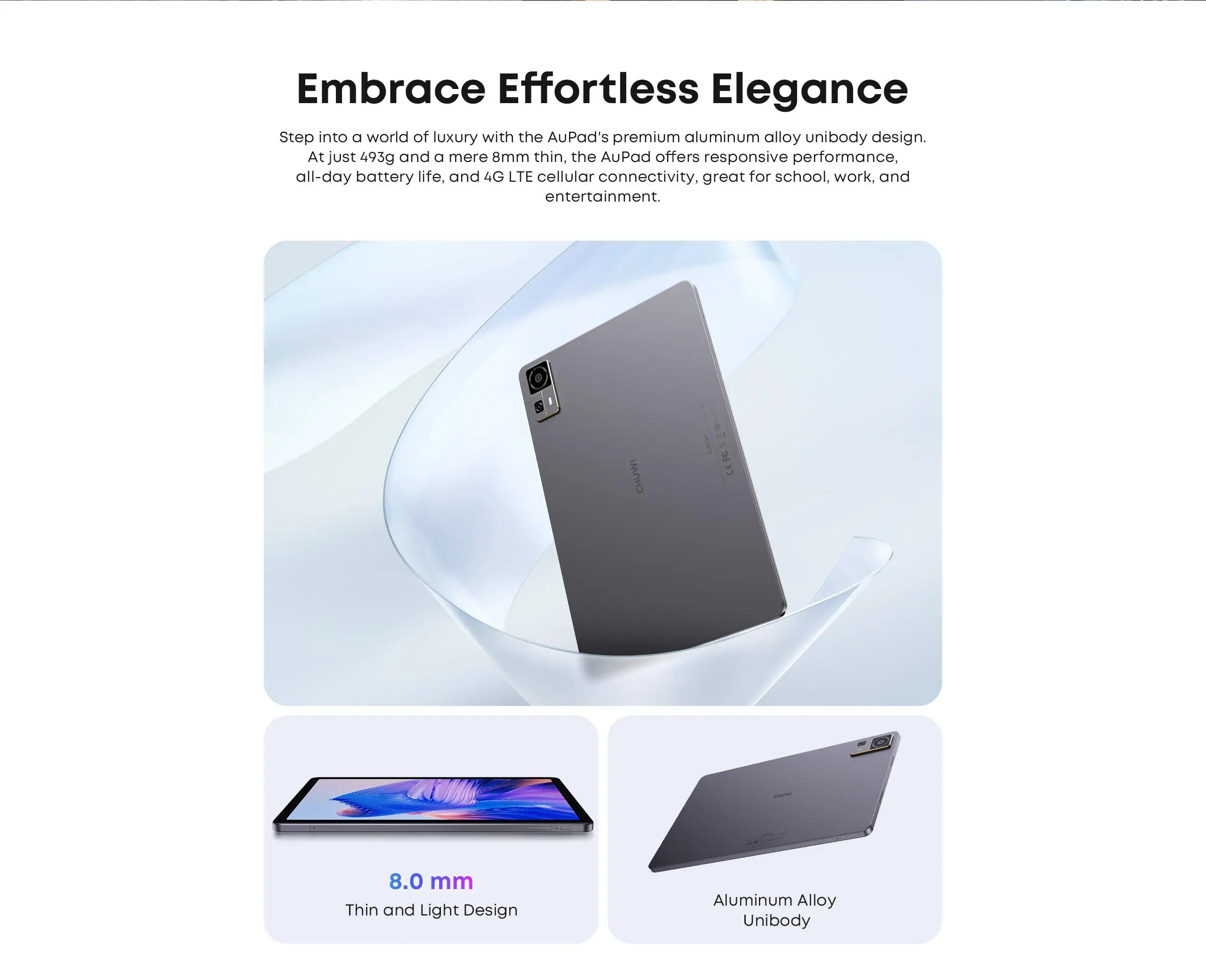 Diseño unibody de aluminio de la CHUWI AuPad