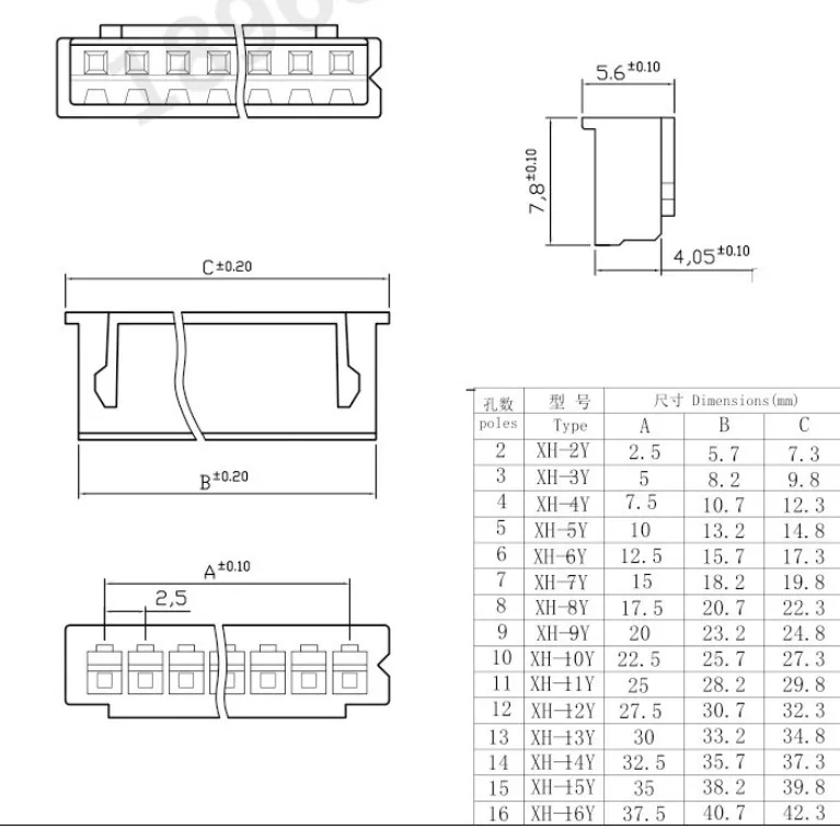 Conectores hembra XH2.54 en varias configuraciones de pines