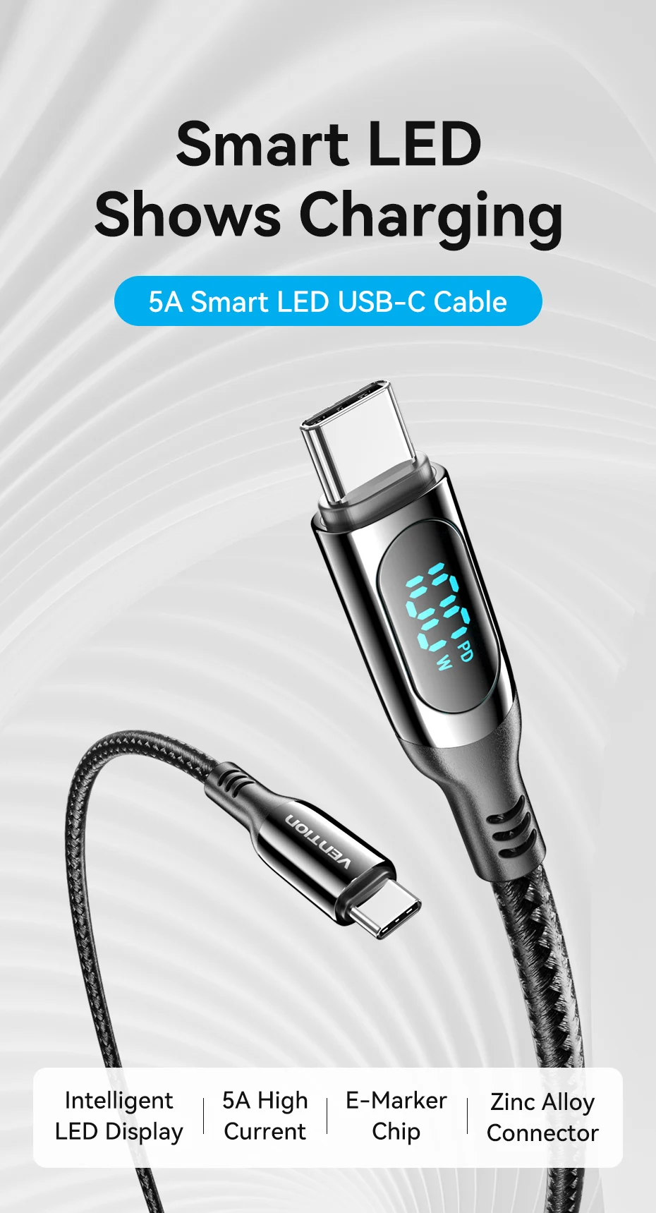 Cable Vention con pantalla LED mostrando carga