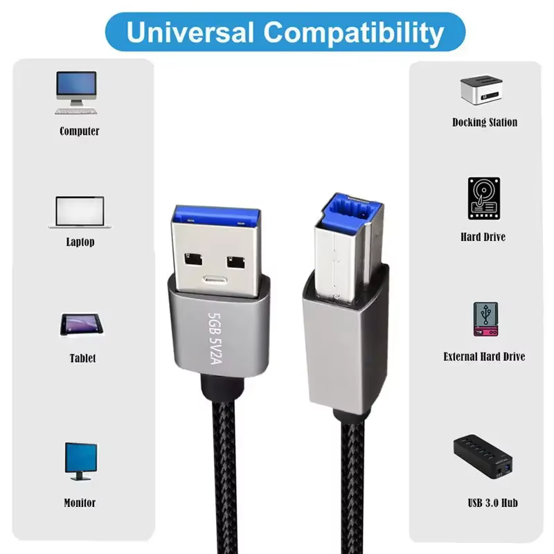 Detalle del cable de conexión USB 3.0 para impresora y disco duro externo