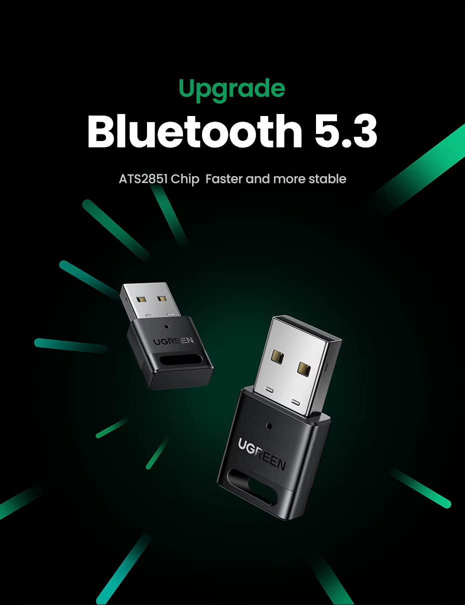 Adaptador UGREEN Bluetooth 5.3 mostrando su diseño compacto y el conector USB