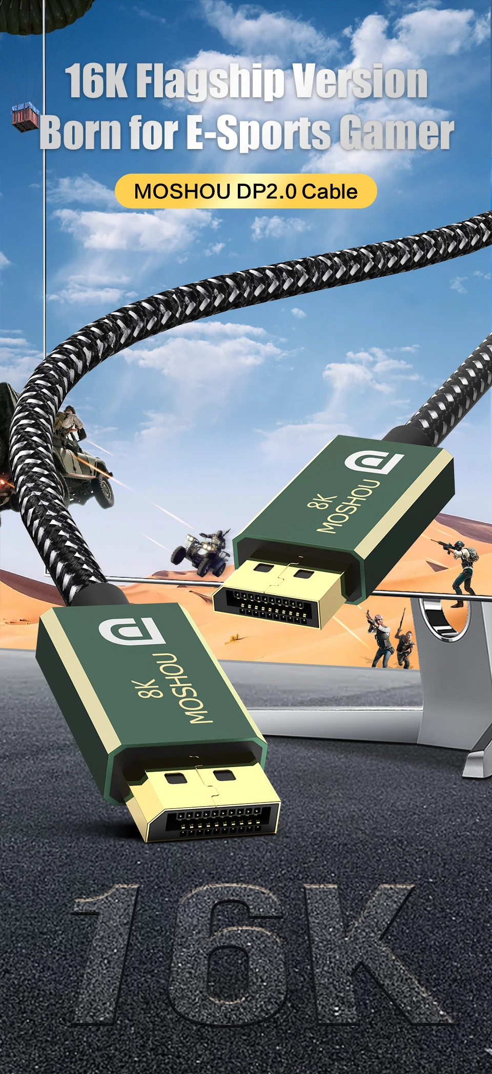 Cable DisplayPort 2.0 MOSHOU con conectores dorados
