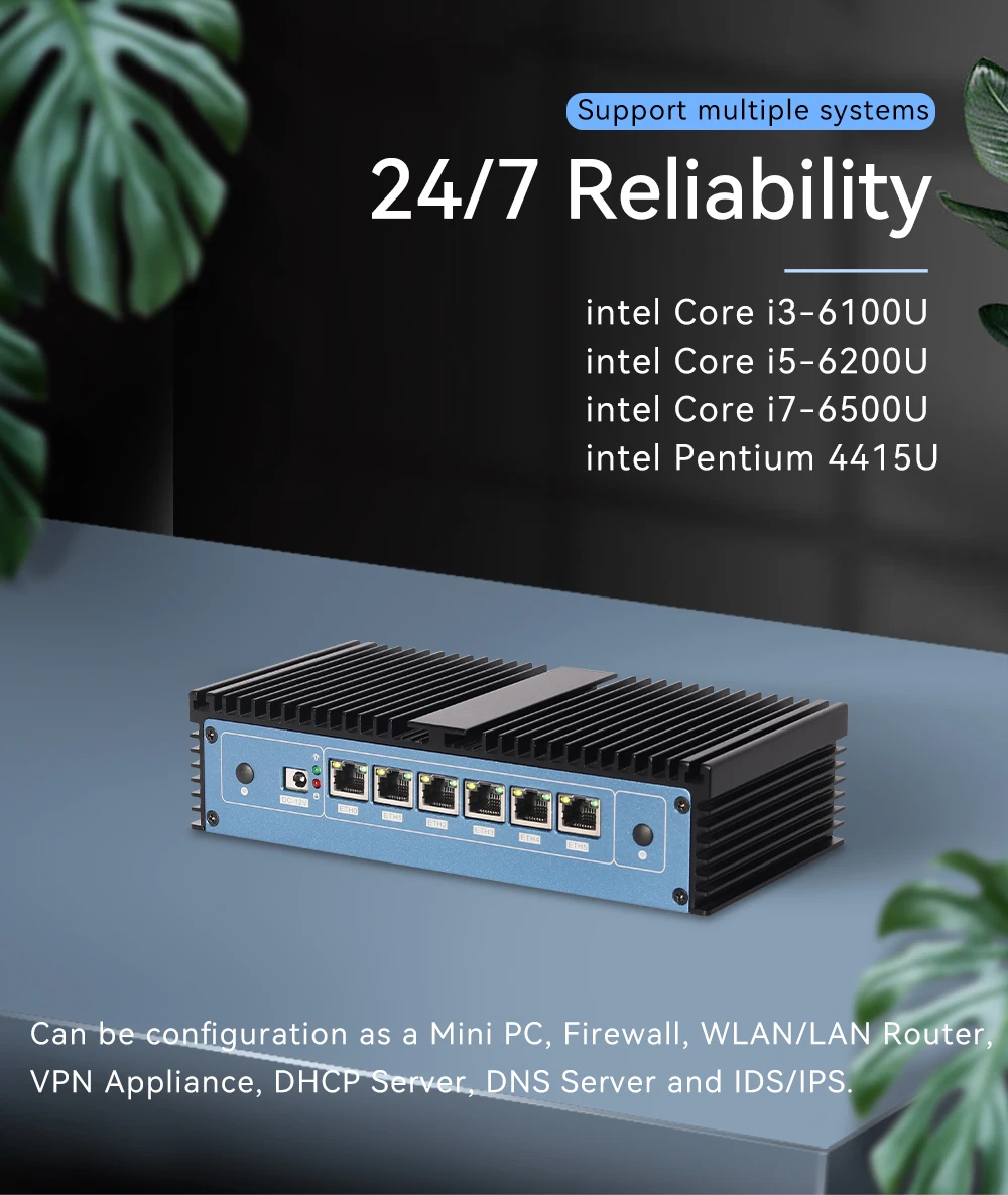 Mini PC XCY con 6 puertos Ethernet vista frontal