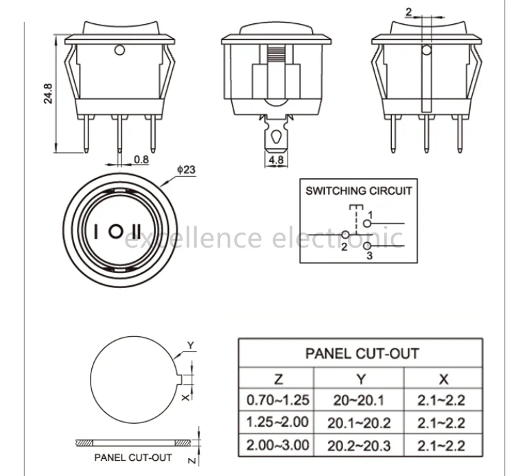 Interruptor basculante 23 mm en panel – vista frontal